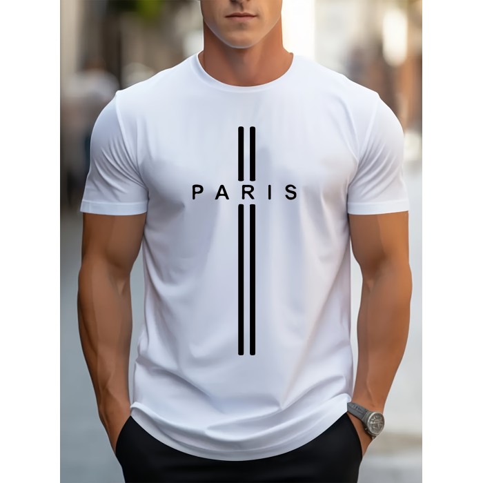 Paris Print, Men's Graphic Design Crew Neck T-shirt, Casual Comfy Tees Tshirts For Summer, Men's Clothing Tops For Daily Vacation Resorts