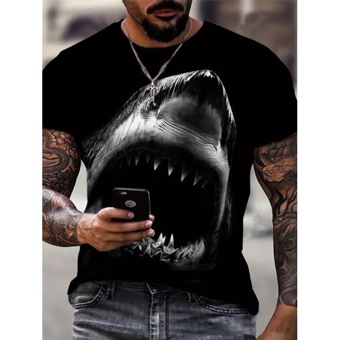 Men's Shark Print Graphic Design Active T-shirt - Casual and Comfy Tee for Summer, Gym, and Running