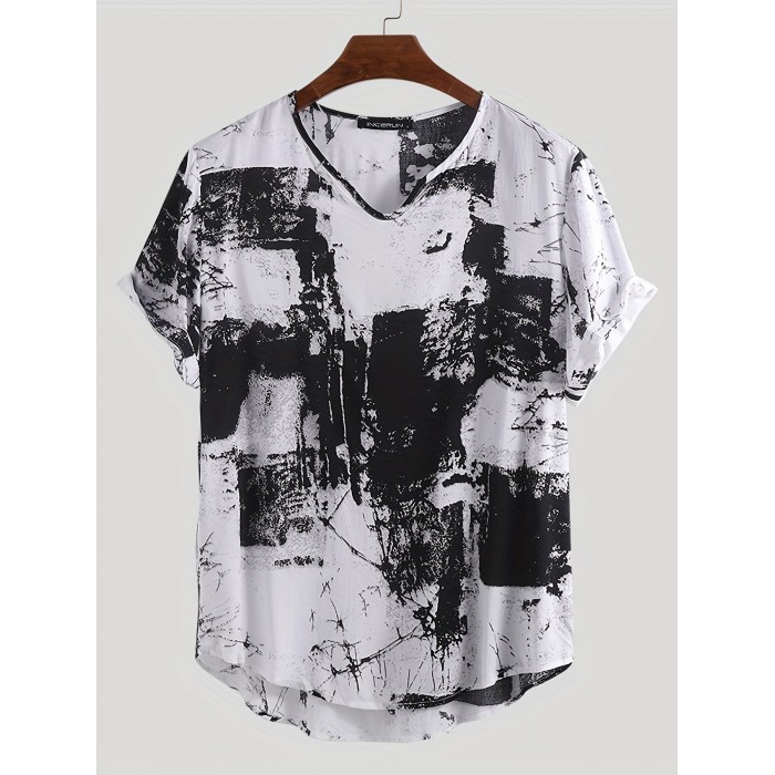 Men's Vintage Short Sleeve Tie-Dye Printed Tee Casual Loose V Neck Stylish T Shirt Tee Tops