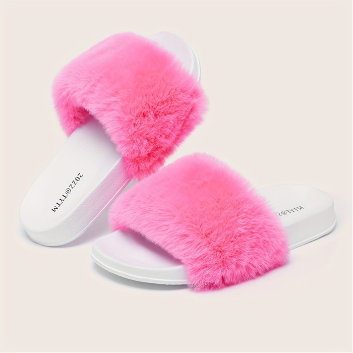 Solid Color Faux Fur Pattern Slippers, Fluffy Soft Sole Platform Casual Slides, Plush Cozy Indoor Shoes