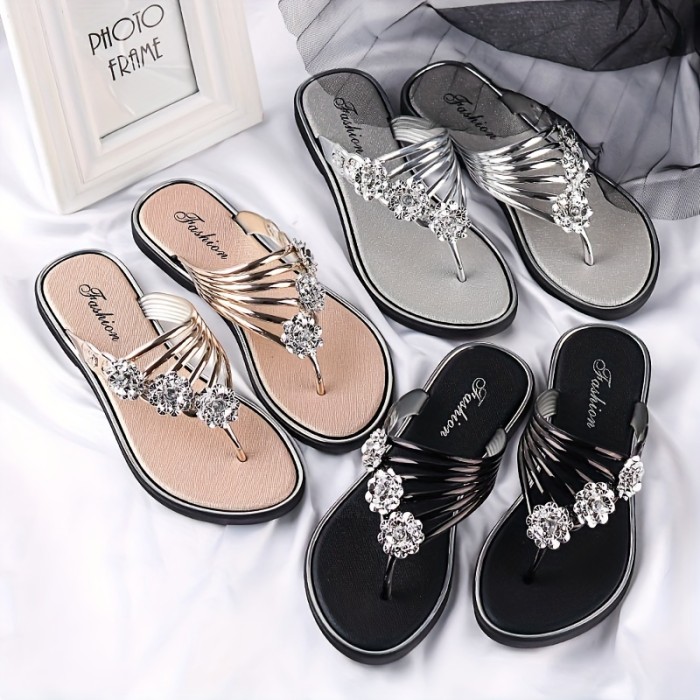 Women's Flower Rhinestone Flip Flops, Fashion Summer Flat Slide Shoes, Outdoor Beach Slides