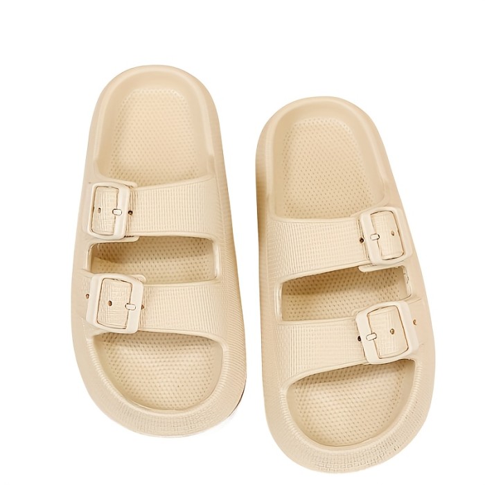 Women's Solid Color Sandals, Slip On Open Toe Double Buckle Straps Super Soft Non-slip Slides, Summer Versatile Comfy Shoes