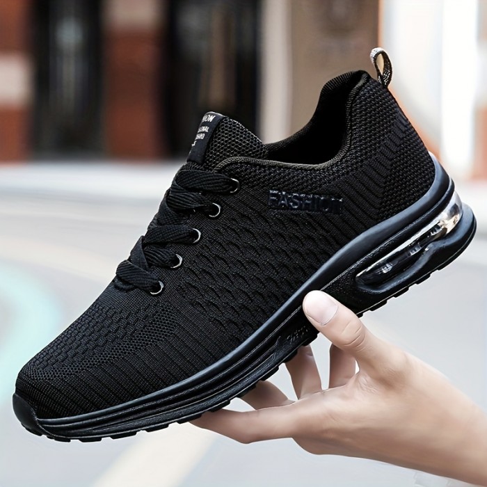 Men's Air Cushion Shock Absorption Knitted Lightweight Breathable Lace Up Athletic Shoes For Outdoor Running Walking