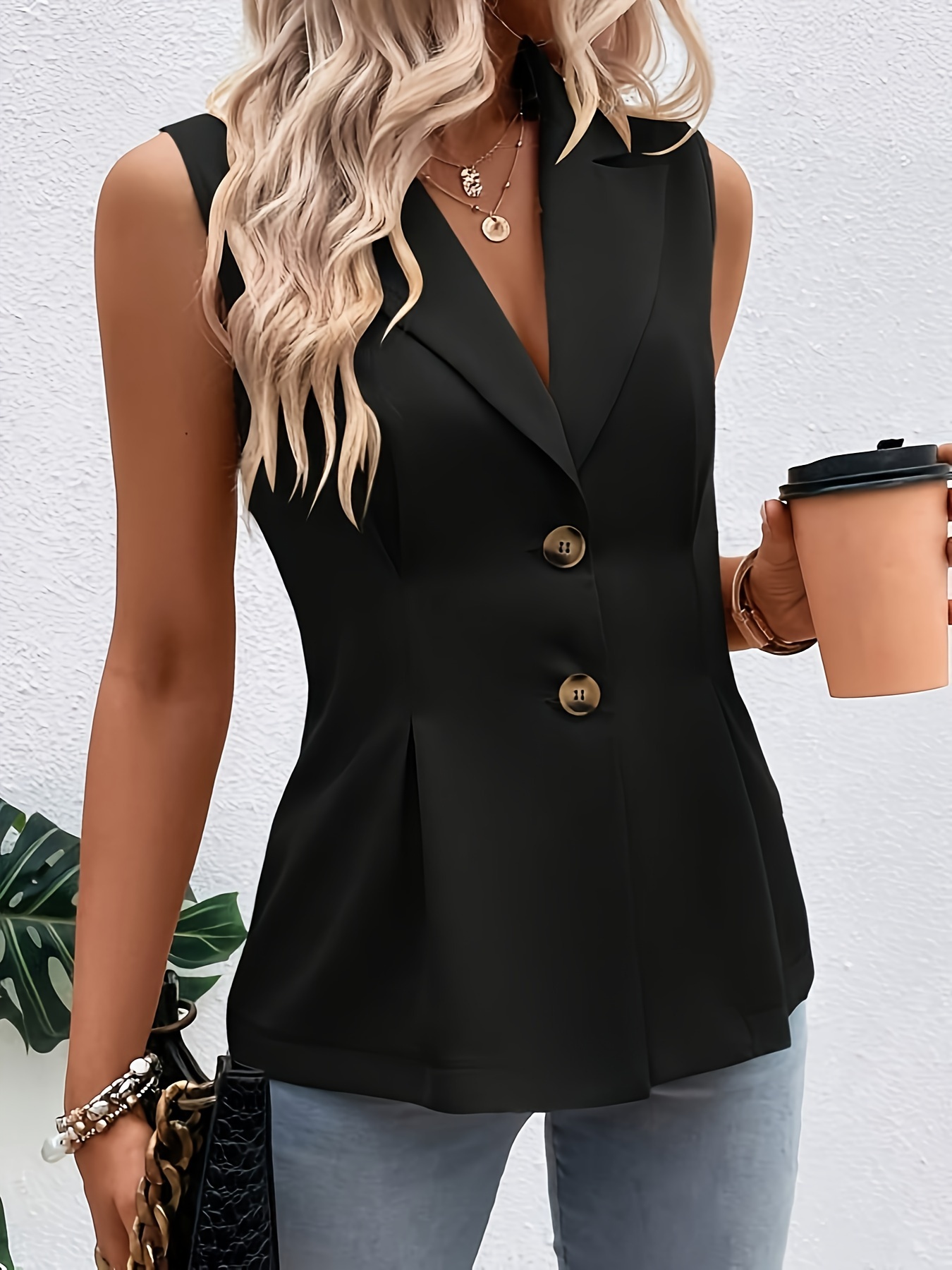 solid single breasted lapel pleated vest elegant sleeveless outwear for spring fall womens clothing details 1