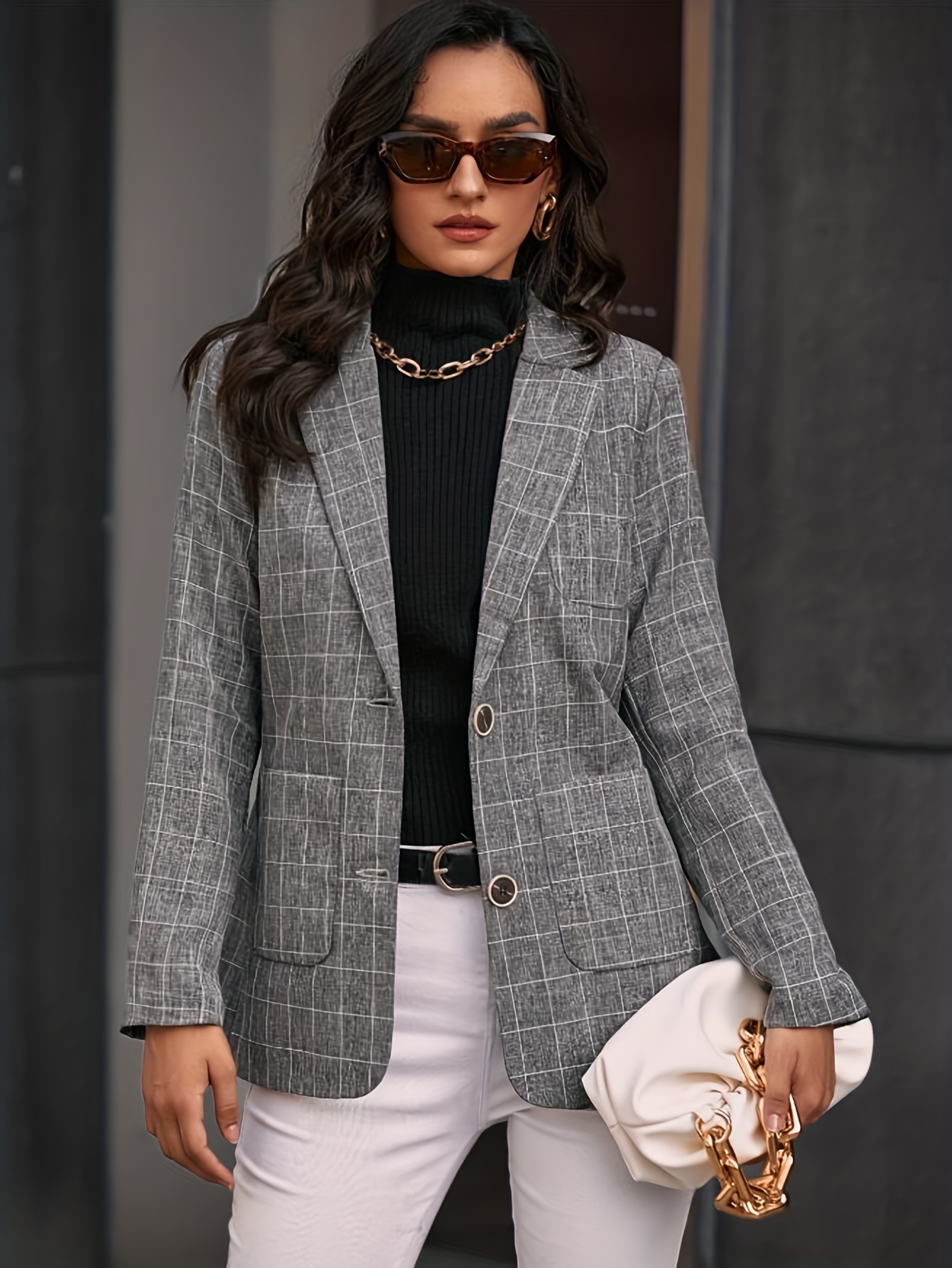 plaid print single breasted lapel blazer elegant patched pockets long sleeve blazer for office work womens clothing details 0