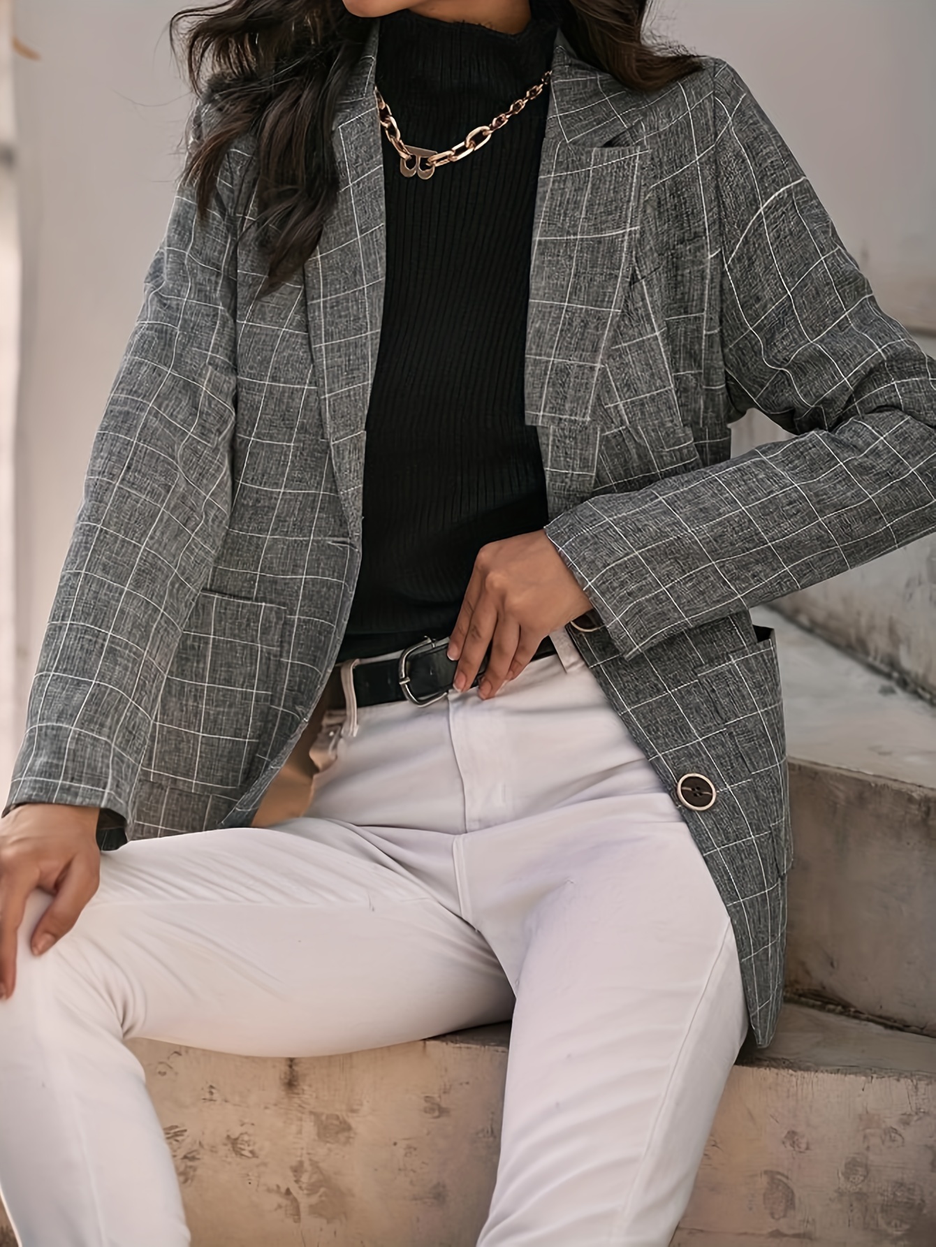 plaid print single breasted lapel blazer elegant patched pockets long sleeve blazer for office work womens clothing details 2