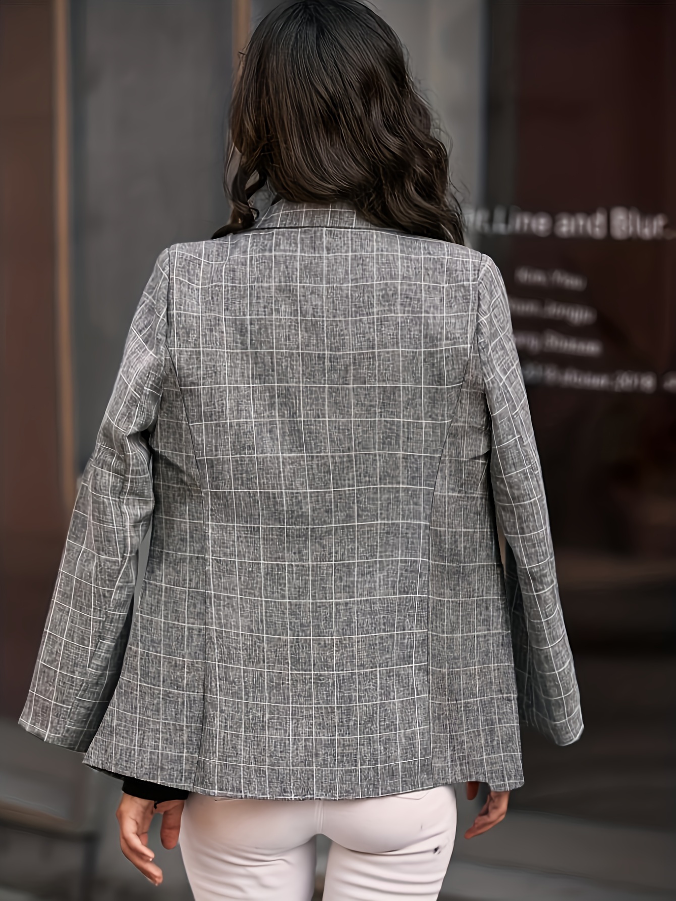 plaid print single breasted lapel blazer elegant patched pockets long sleeve blazer for office work womens clothing details 4