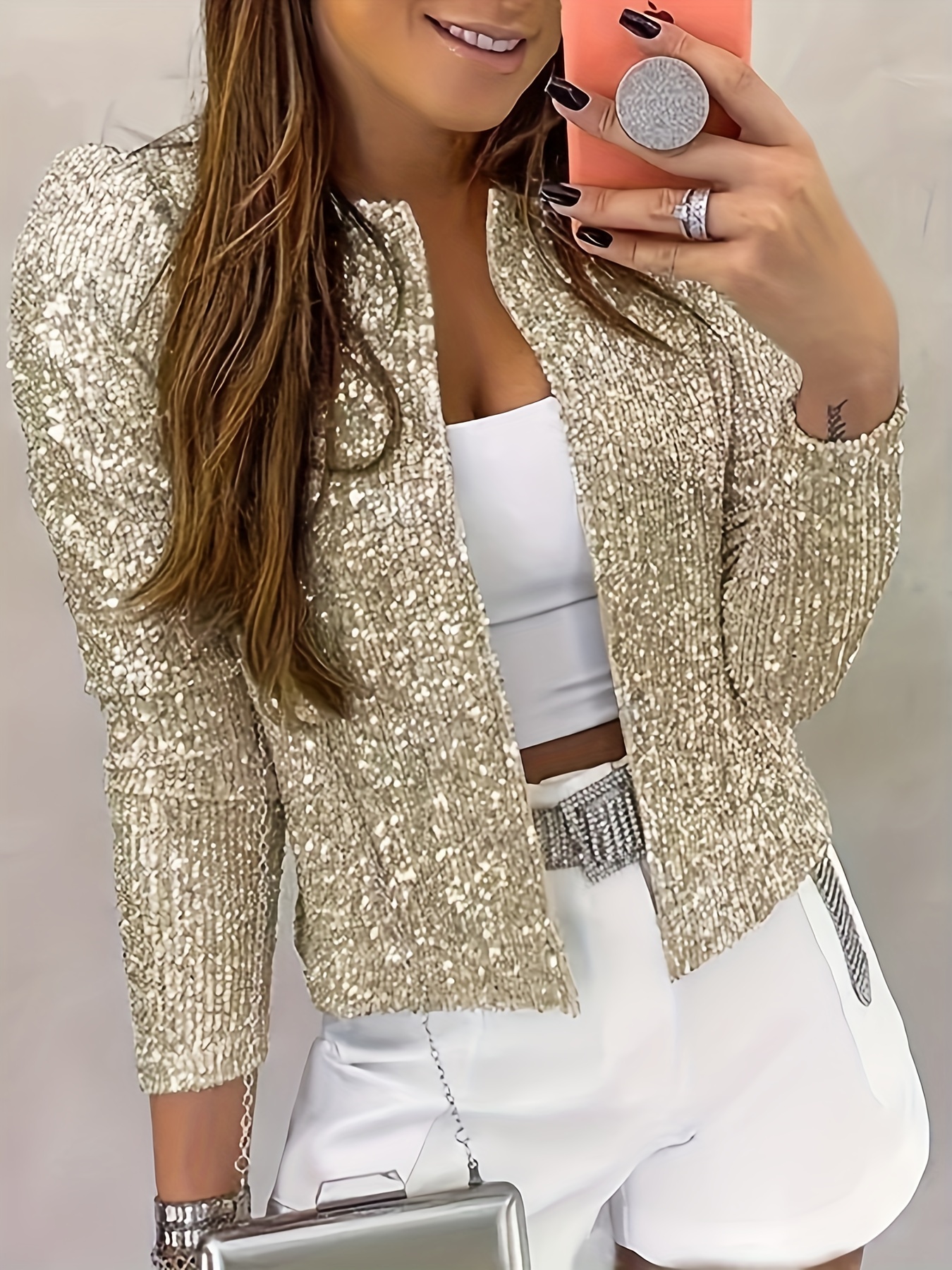 sequined solid jacket casual open front crew neck long sleeve outerwear womens clothing details 1