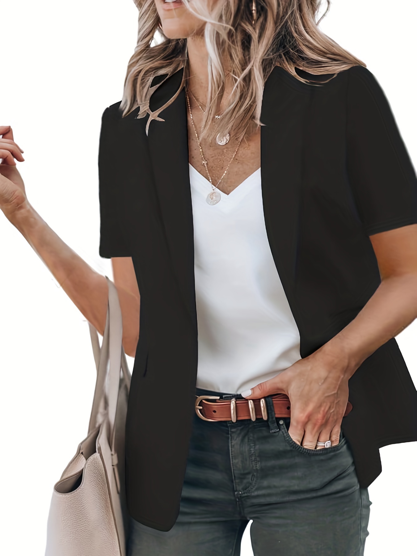 short sleeve open front blazer casual lapel blazer for spring summer womens clothing details 1