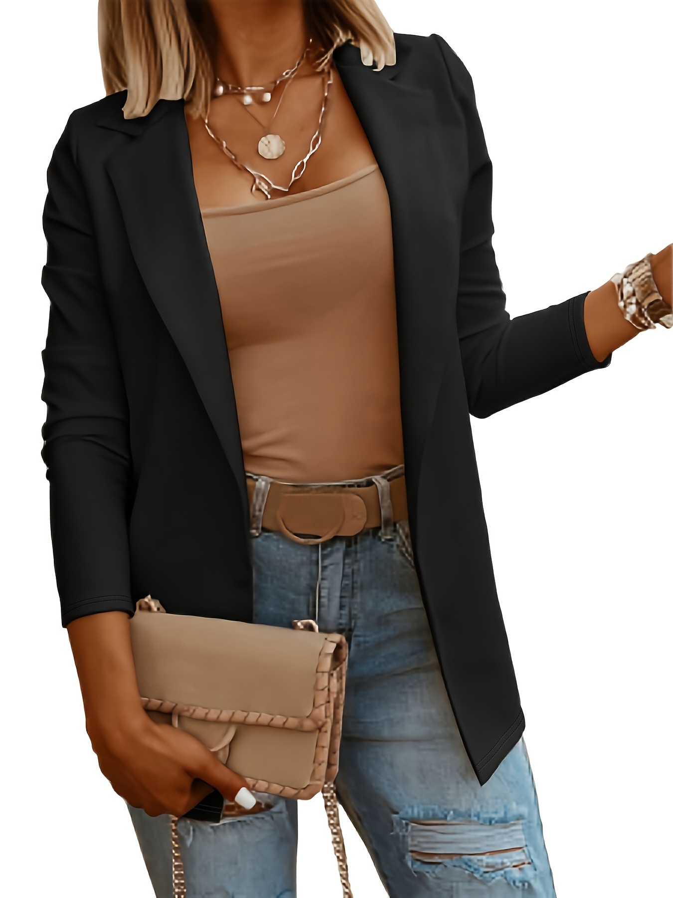 solid lapel blazer casual open front long sleeve work office outerwear womens clothing details 8