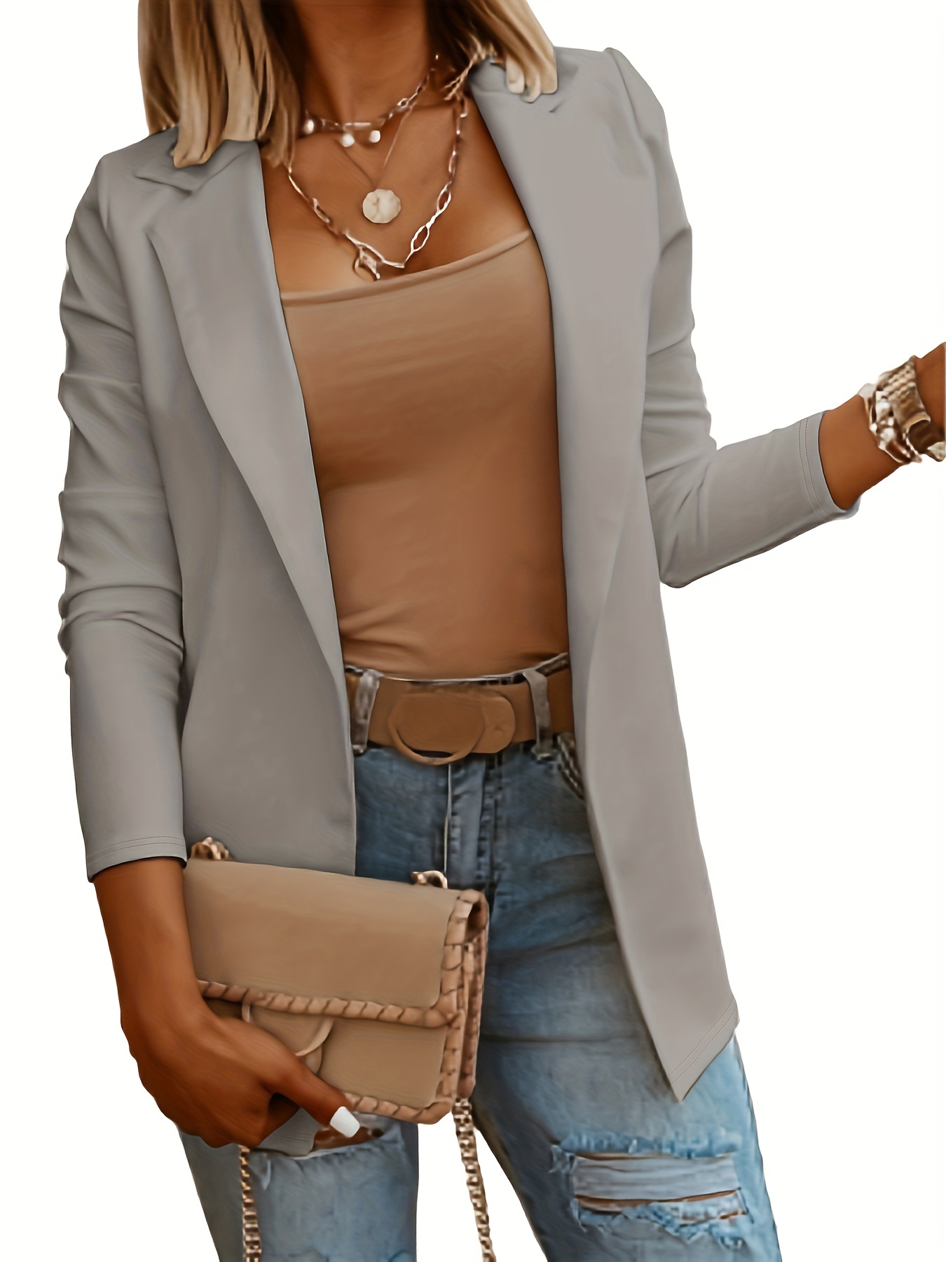 solid lapel blazer casual open front long sleeve work office outerwear womens clothing details 9