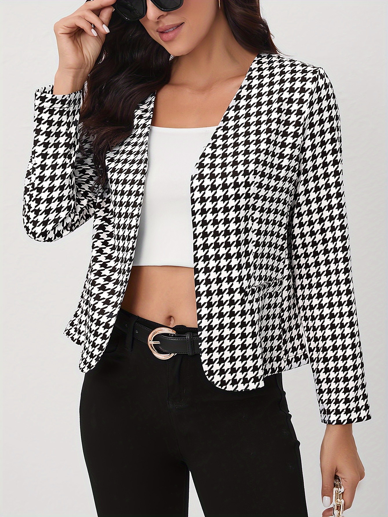 houndstooth open front blazer elegant long sleeve blazer for office work womens clothing details 1