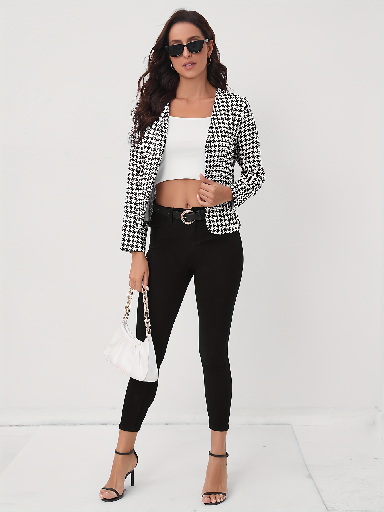 houndstooth open front blazer elegant long sleeve blazer for office work womens clothing details 4