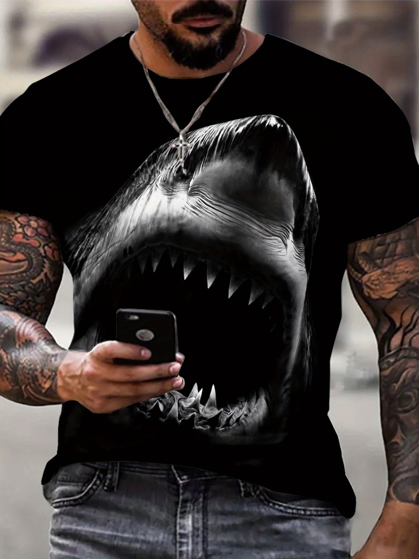 shark print mens graphic design crew neck active t shirt casual comfy tees tshirts for summer mens clothing tops for daily gym workout running details 1