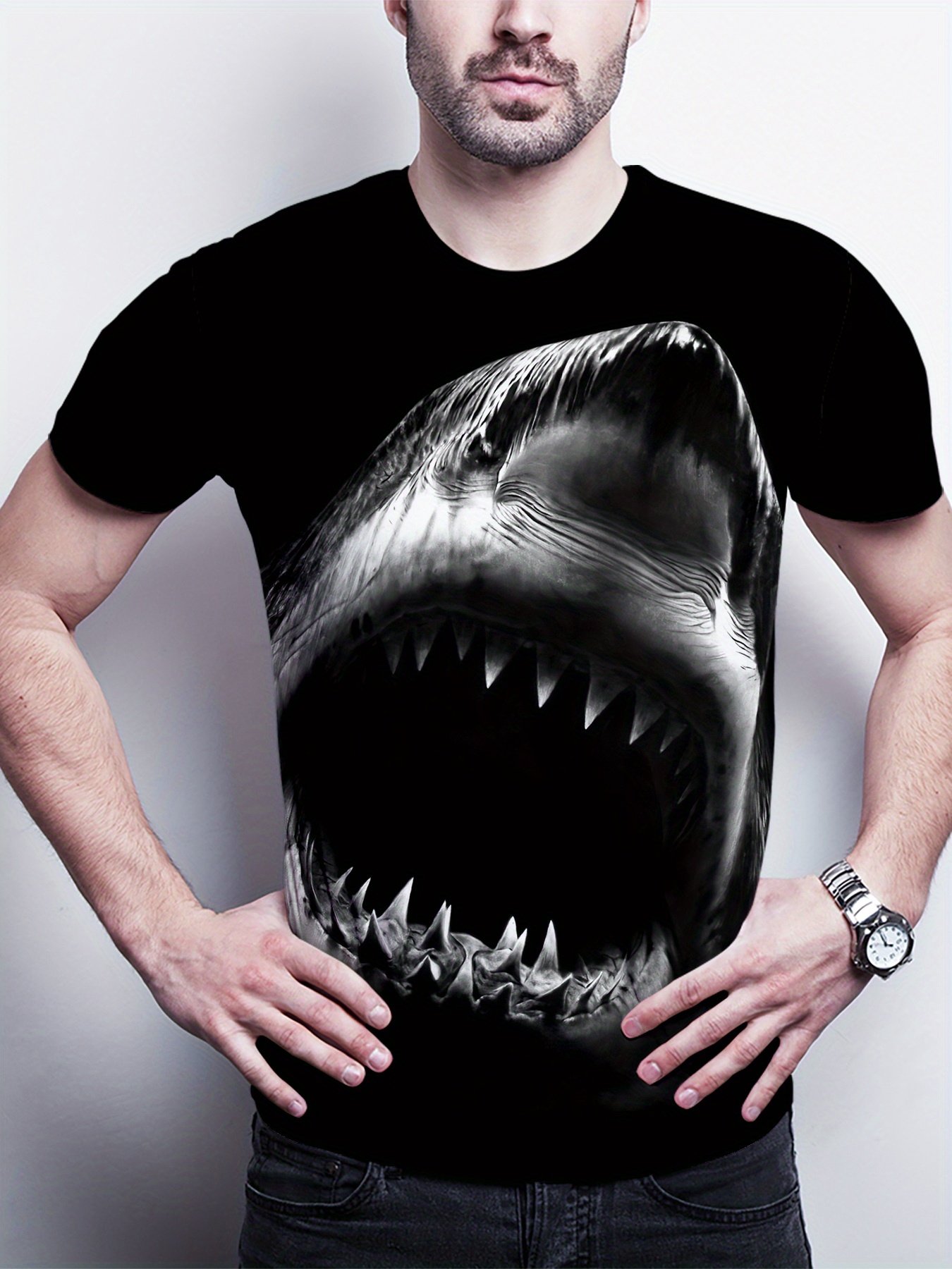 shark print mens graphic design crew neck active t shirt casual comfy tees tshirts for summer mens clothing tops for daily gym workout running details 3