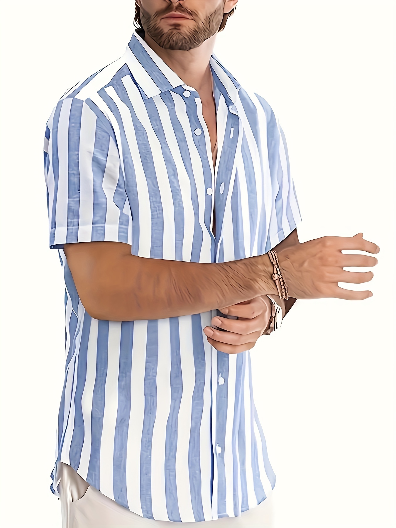 mens shirt top vertical striped lapel short sleeves closure summer male casual button up shirt for daily vacation resorts beach shirts for men details 16