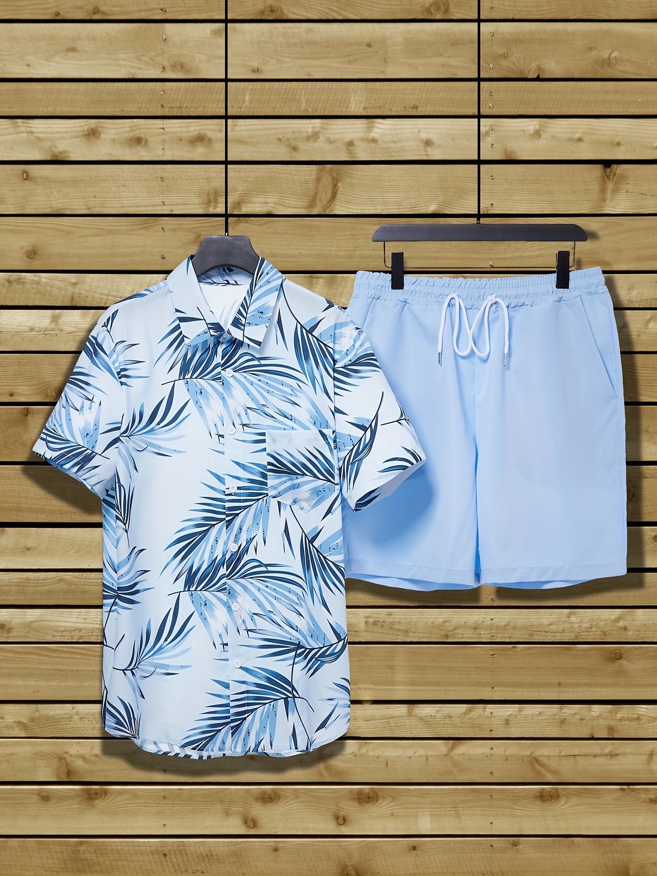 tropical leaf pattern print mens 2pcs outfits casual camp collar lapel button up short sleeve shirts hawaiian shirt and drawstring shorts set for summer mens clothing details 0