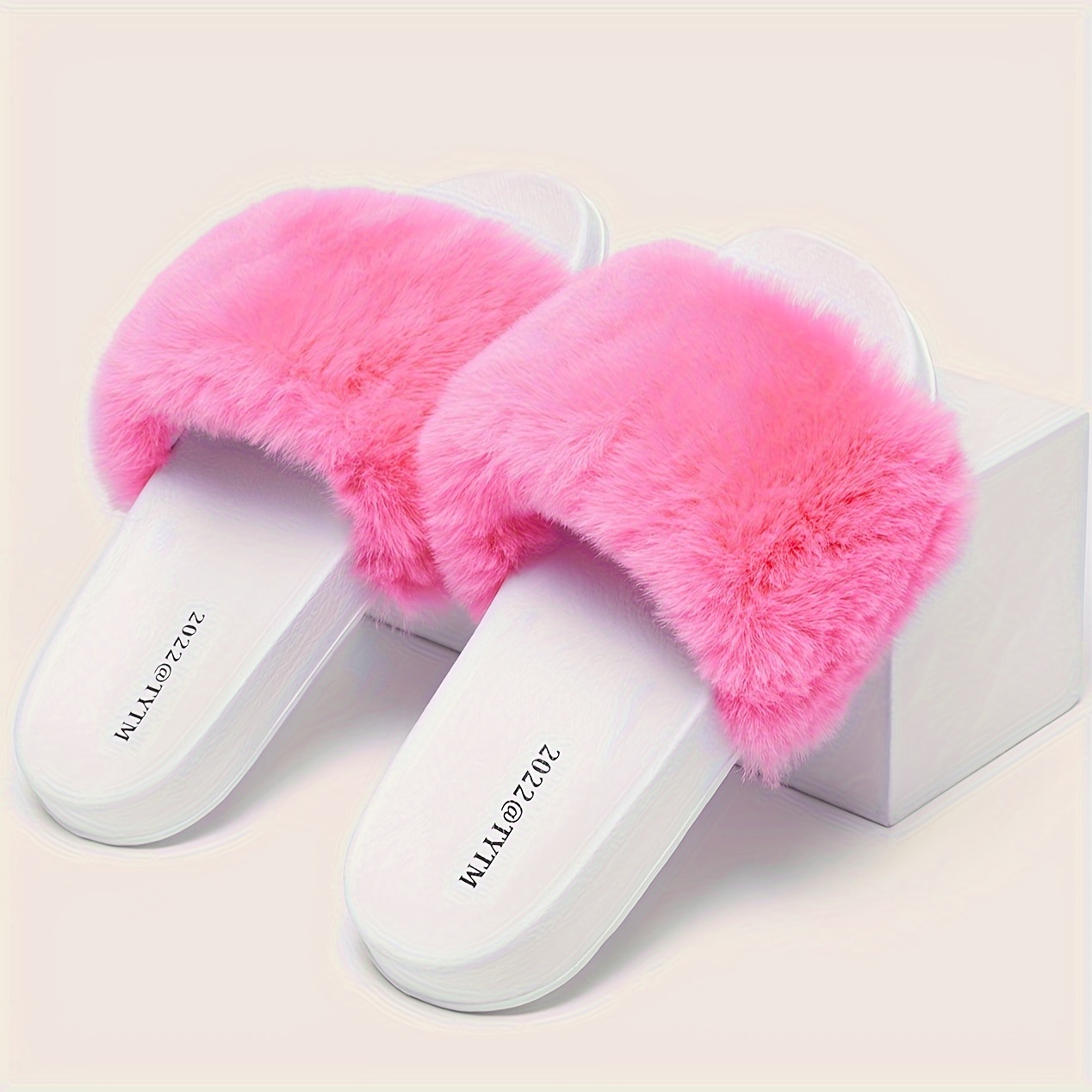 solid color faux fur pattern slippers fluffy soft sole platform casual slides plush cozy indoor shoes details 3