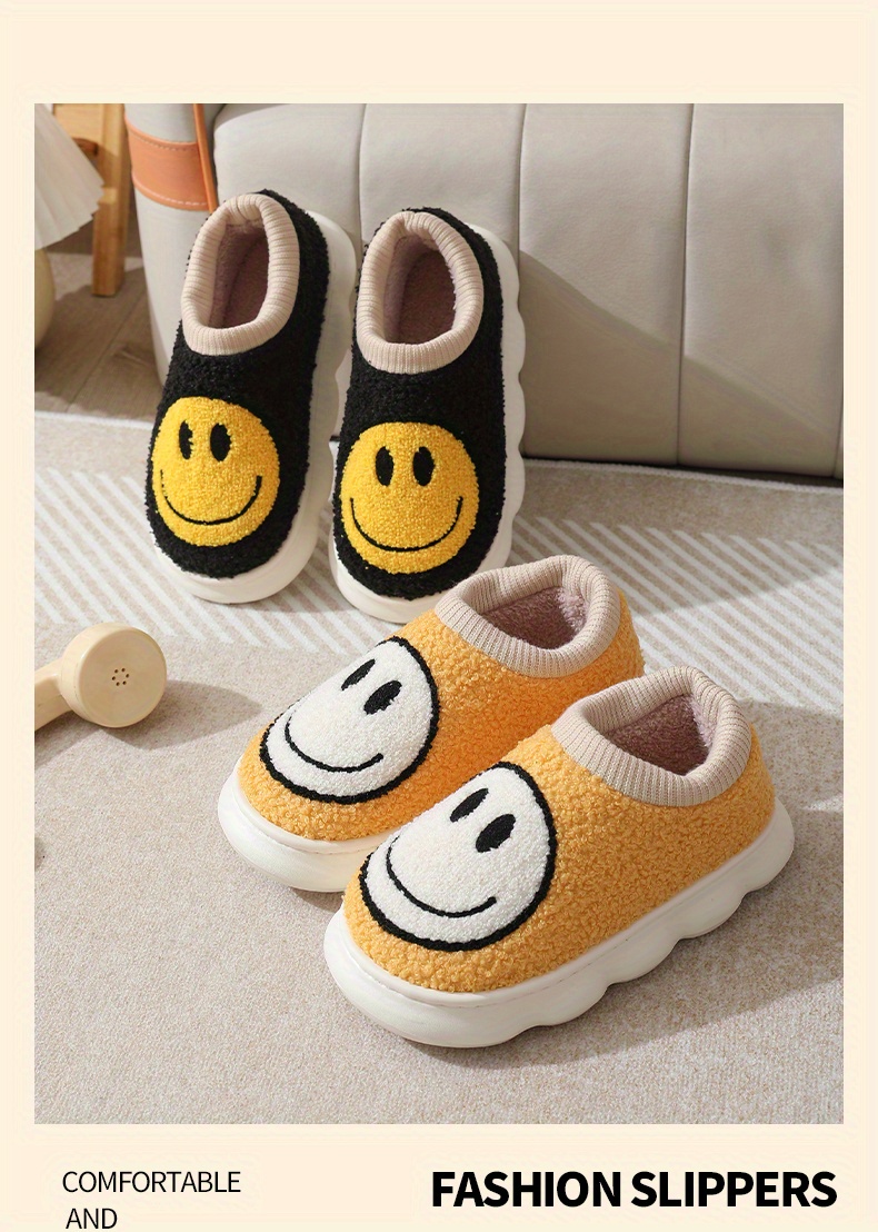 cute smile face fuzzy house slippers closed toe memory foam slip on shoes winter warm home slippers details 0