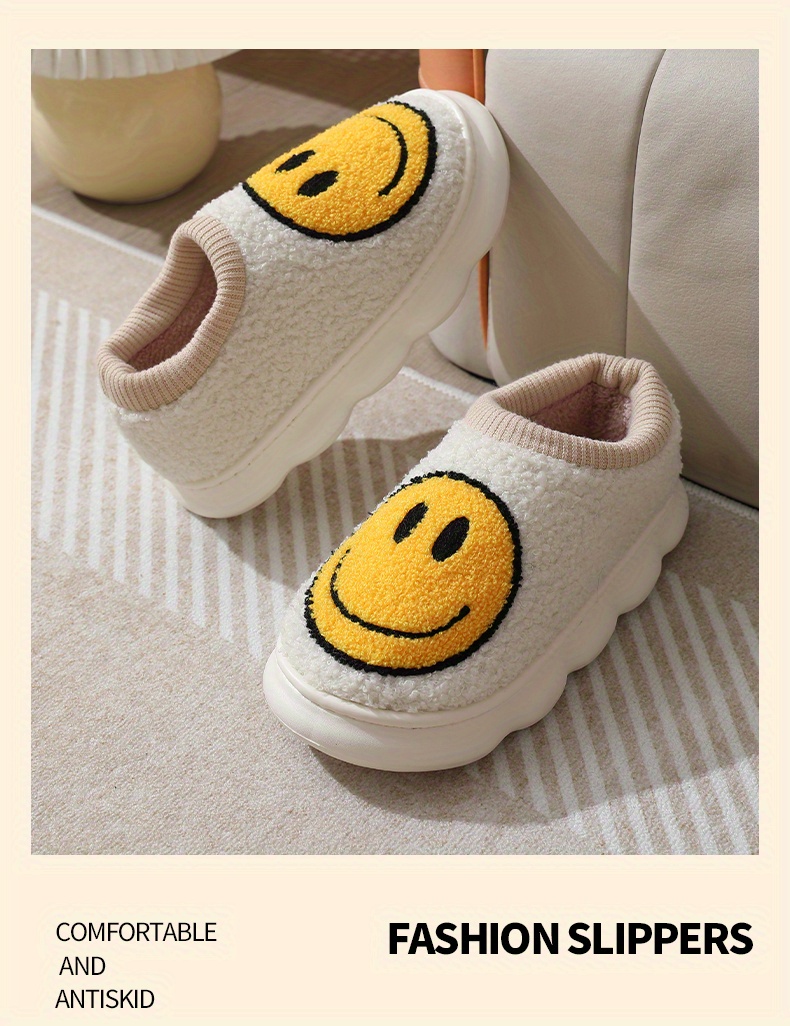 cute smile face fuzzy house slippers closed toe memory foam slip on shoes winter warm home slippers details 4