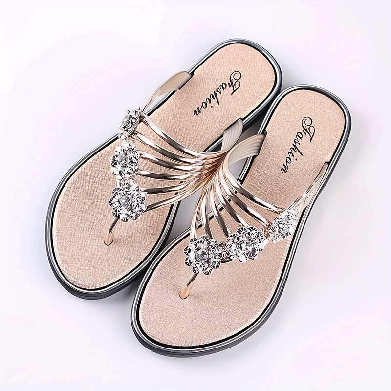 womens flower rhinestone flip flops fashion summer flat slide shoes outdoor beach slides details 3