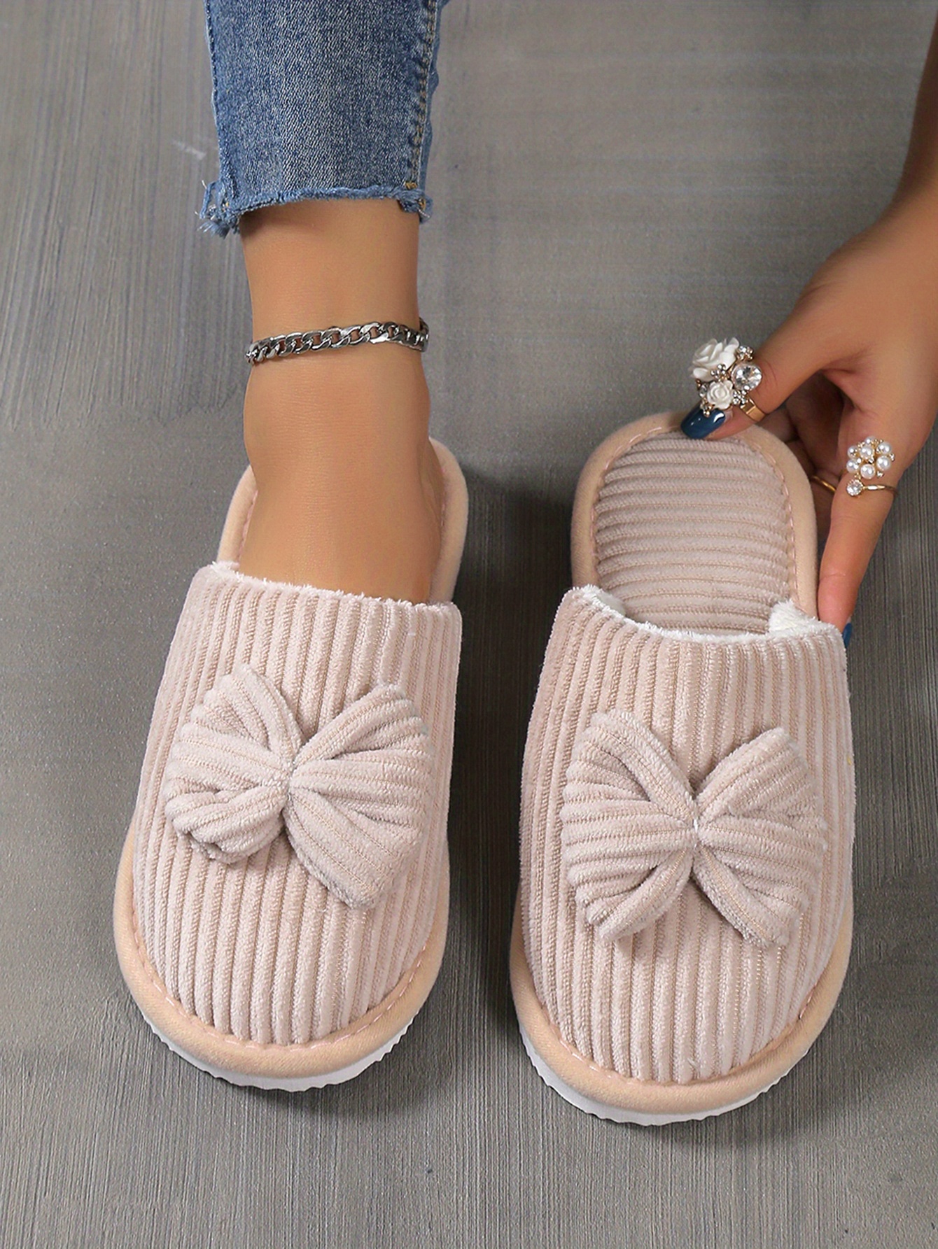 cute bowknot soft sole fuzzy slippers winter cozy warm slip on plush shoes comfy closed toe home slippers details 0