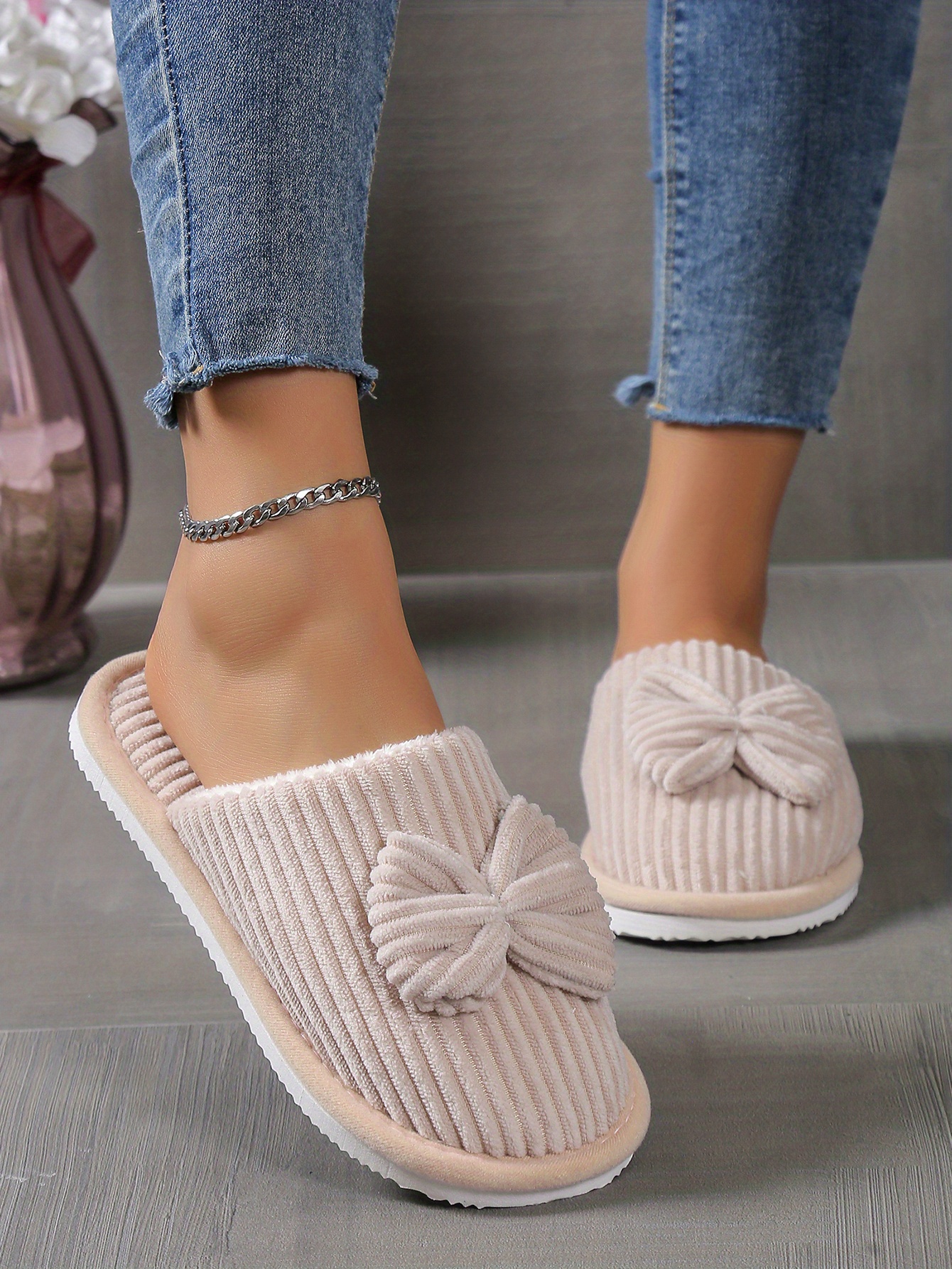 cute bowknot soft sole fuzzy slippers winter cozy warm slip on plush shoes comfy closed toe home slippers details 3