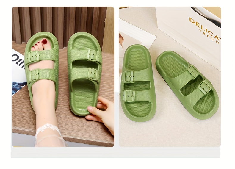 womens solid color sandals slip on open toe double buckle straps super soft non slip slides summer versatile comfy shoes details 3