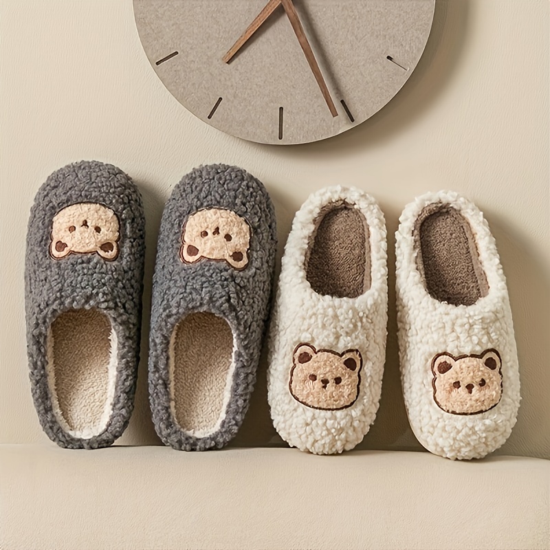 cute bear winter plush slippers closed toe slip on flat house shoes cozy warm home floor slippers details 0