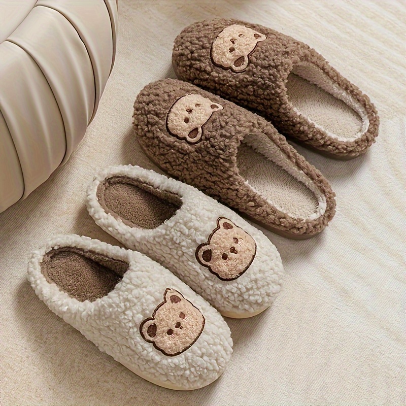 cute bear winter plush slippers closed toe slip on flat house shoes cozy warm home floor slippers details 3